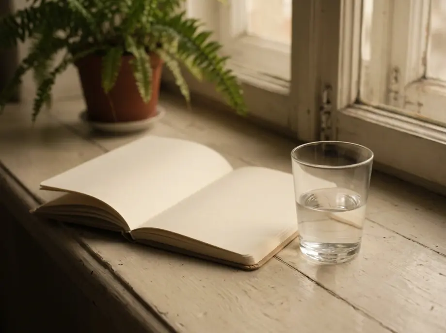 A notebook and a glass of water on a sunlit windowsill